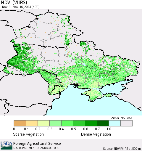 Ukraine, Moldova and Belarus NDVI (VIIRS) Thematic Map For 11/11/2023 - 11/20/2023