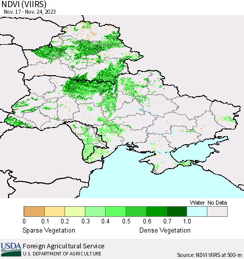 Ukraine, Moldova and Belarus NDVI (VIIRS) Thematic Map For 11/21/2023 - 11/30/2023