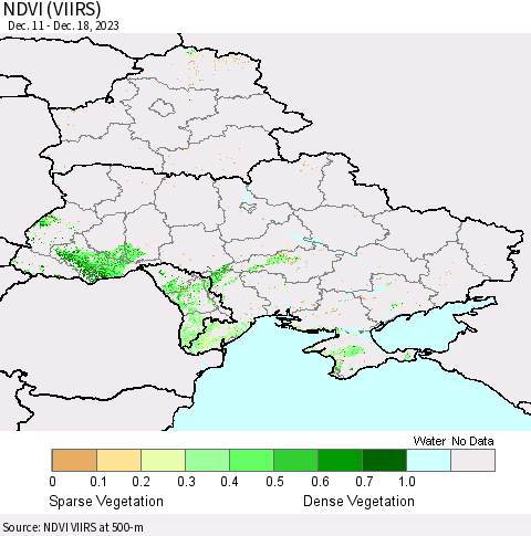 Ukraine, Moldova and Belarus NDVI (VIIRS) Thematic Map For 12/11/2023 - 12/18/2023