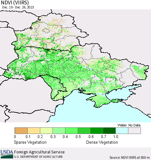 Ukraine, Moldova and Belarus NDVI (VIIRS) Thematic Map For 12/21/2023 - 12/31/2023