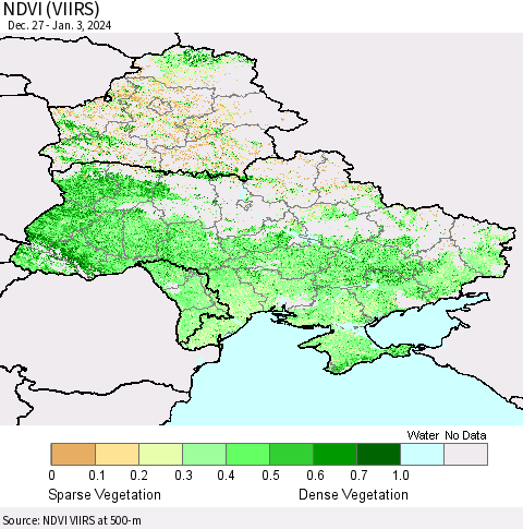Ukraine, Moldova and Belarus NDVI (VIIRS) Thematic Map For 12/27/2023 - 1/3/2024