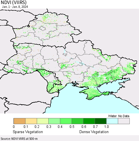 Ukraine, Moldova and Belarus NDVI (VIIRS) Thematic Map For 1/1/2024 - 1/8/2024