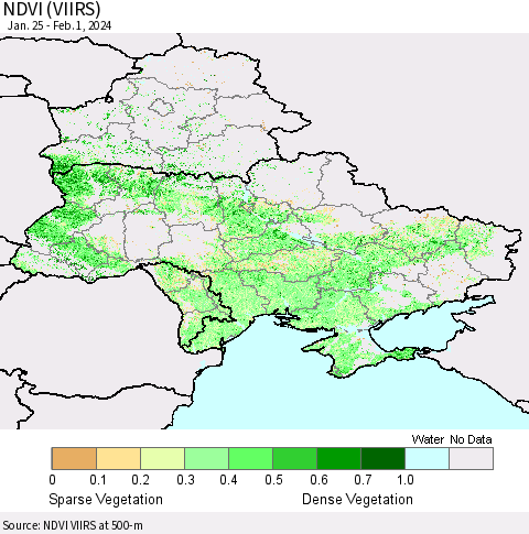 Ukraine, Moldova and Belarus NDVI (VIIRS) Thematic Map For 1/25/2024 - 2/1/2024