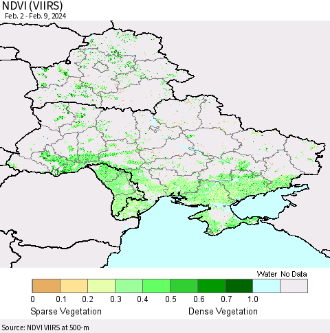 Ukraine, Moldova and Belarus NDVI (VIIRS) Thematic Map For 2/2/2024 - 2/9/2024