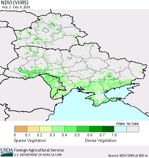Ukraine, Moldova and Belarus NDVI (VIIRS) Thematic Map For 2/1/2024 - 2/10/2024