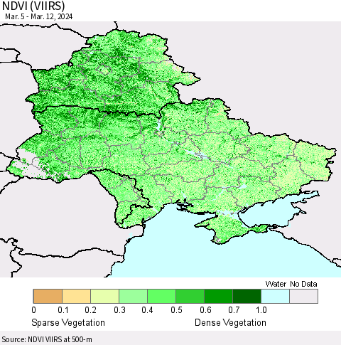 Ukraine, Moldova and Belarus NDVI (VIIRS) Thematic Map For 3/5/2024 - 3/12/2024