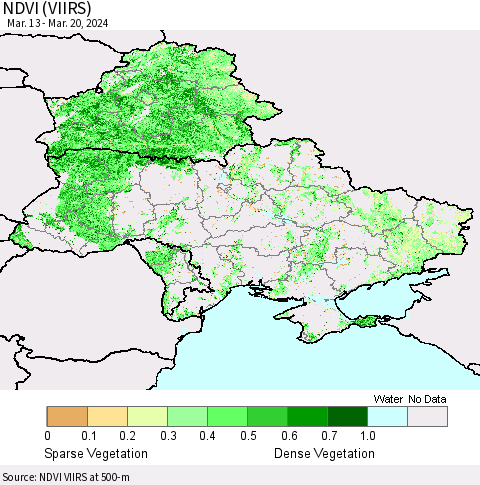 Ukraine, Moldova and Belarus NDVI (VIIRS) Thematic Map For 3/13/2024 - 3/20/2024