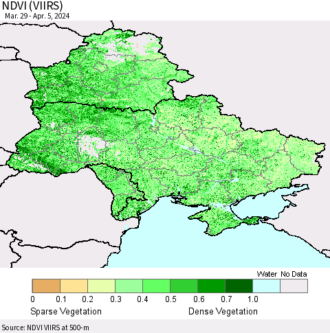 Ukraine, Moldova and Belarus NDVI (VIIRS) Thematic Map For 3/29/2024 - 4/5/2024