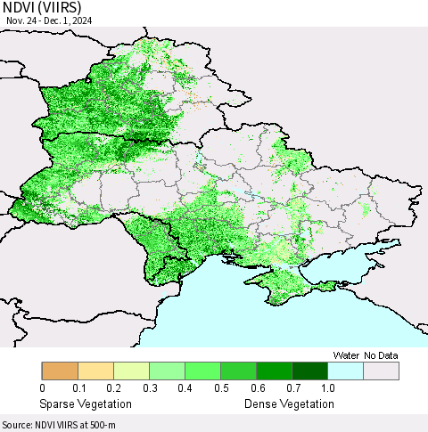 Ukraine, Moldova and Belarus NDVI (VIIRS) Thematic Map For 11/24/2024 - 12/1/2024