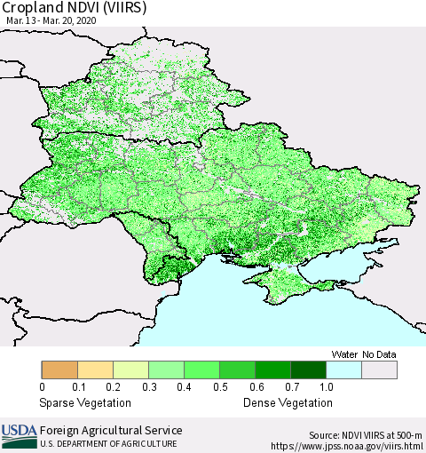 Ukraine, Moldova and Belarus Cropland NDVI (VIIRS) Thematic Map For 3/11/2020 - 3/20/2020