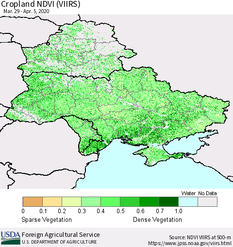 Ukraine, Moldova and Belarus Cropland NDVI (VIIRS) Thematic Map For 4/1/2020 - 4/10/2020