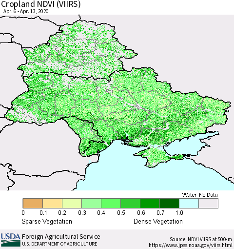 Ukraine, Moldova and Belarus Cropland NDVI (VIIRS) Thematic Map For 4/11/2020 - 4/20/2020