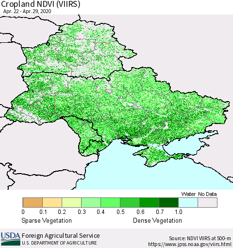 Ukraine, Moldova and Belarus Cropland NDVI (VIIRS) Thematic Map For 4/21/2020 - 4/30/2020