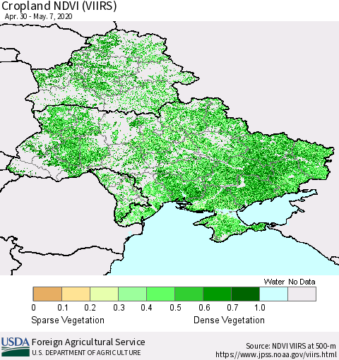 Ukraine, Moldova and Belarus Cropland NDVI (VIIRS) Thematic Map For 5/1/2020 - 5/10/2020