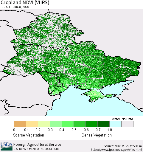 Ukraine, Moldova and Belarus Cropland NDVI (VIIRS) Thematic Map For 6/1/2020 - 6/10/2020