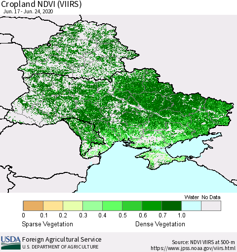 Ukraine, Moldova and Belarus Cropland NDVI (VIIRS) Thematic Map For 6/21/2020 - 6/30/2020