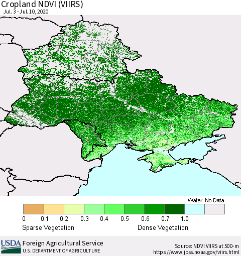 Ukraine, Moldova and Belarus Cropland NDVI (VIIRS) Thematic Map For 7/1/2020 - 7/10/2020