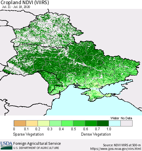 Ukraine, Moldova and Belarus Cropland NDVI (VIIRS) Thematic Map For 7/11/2020 - 7/20/2020