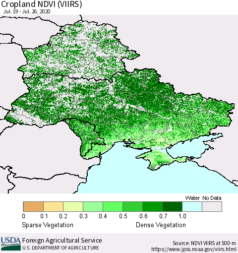 Ukraine, Moldova and Belarus Cropland NDVI (VIIRS) Thematic Map For 7/21/2020 - 7/31/2020