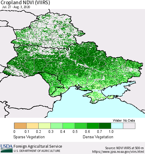 Ukraine, Moldova and Belarus Cropland NDVI (VIIRS) Thematic Map For 8/1/2020 - 8/10/2020