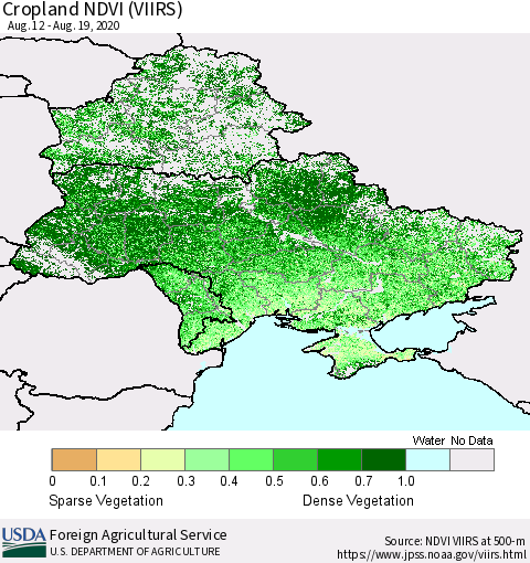 Ukraine, Moldova and Belarus Cropland NDVI (VIIRS) Thematic Map For 8/11/2020 - 8/20/2020