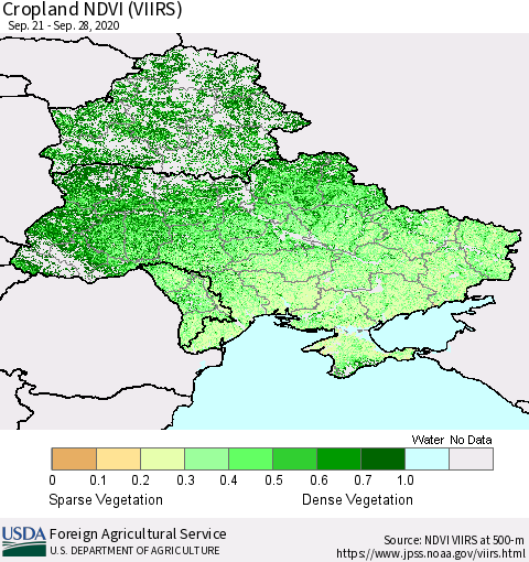 Ukraine, Moldova and Belarus Cropland NDVI (VIIRS) Thematic Map For 9/21/2020 - 9/30/2020