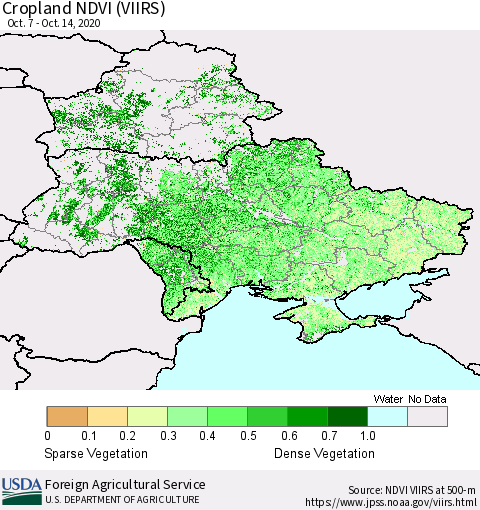 Ukraine, Moldova and Belarus Cropland NDVI (VIIRS) Thematic Map For 10/11/2020 - 10/20/2020
