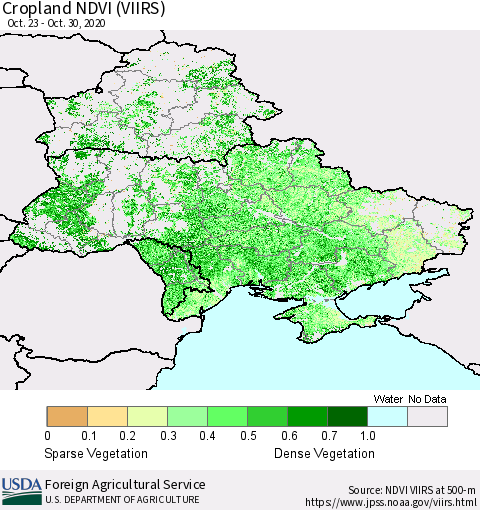 Ukraine, Moldova and Belarus Cropland NDVI (VIIRS) Thematic Map For 10/21/2020 - 10/31/2020
