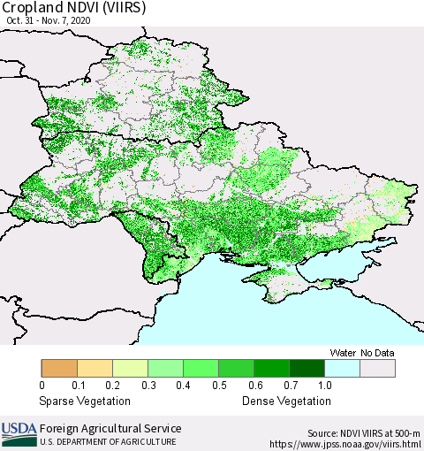 Ukraine, Moldova and Belarus Cropland NDVI (VIIRS) Thematic Map For 11/1/2020 - 11/10/2020