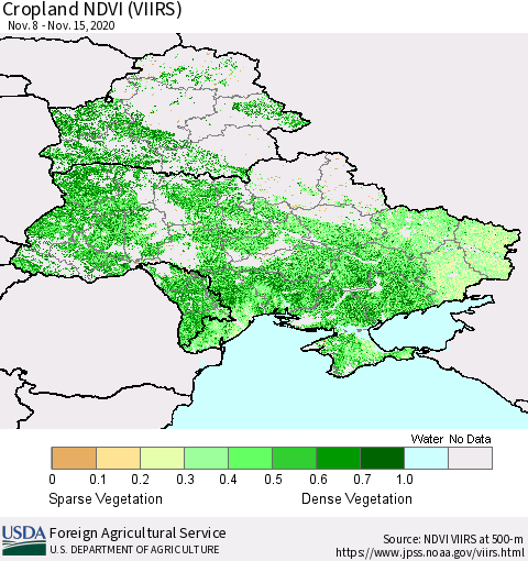 Ukraine, Moldova and Belarus Cropland NDVI (VIIRS) Thematic Map For 11/11/2020 - 11/20/2020