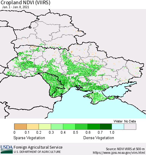 Ukraine, Moldova and Belarus Cropland NDVI (VIIRS) Thematic Map For 1/1/2021 - 1/10/2021