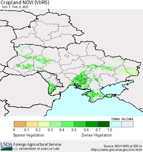 Ukraine, Moldova and Belarus Cropland NDVI (VIIRS) Thematic Map For 2/1/2021 - 2/10/2021