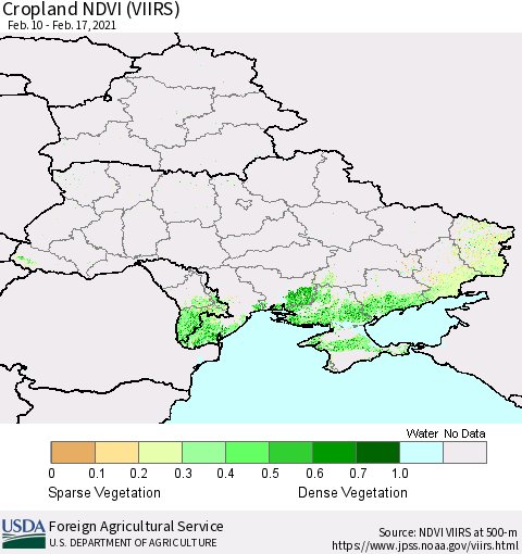 Ukraine, Moldova and Belarus Cropland NDVI (VIIRS) Thematic Map For 2/11/2021 - 2/20/2021