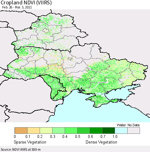 Ukraine, Moldova and Belarus Cropland NDVI (VIIRS) Thematic Map For 2/26/2021 - 3/5/2021