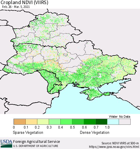 Ukraine, Moldova and Belarus Cropland NDVI (VIIRS) Thematic Map For 3/1/2021 - 3/10/2021