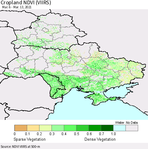 Ukraine, Moldova and Belarus Cropland NDVI (VIIRS) Thematic Map For 3/6/2021 - 3/13/2021