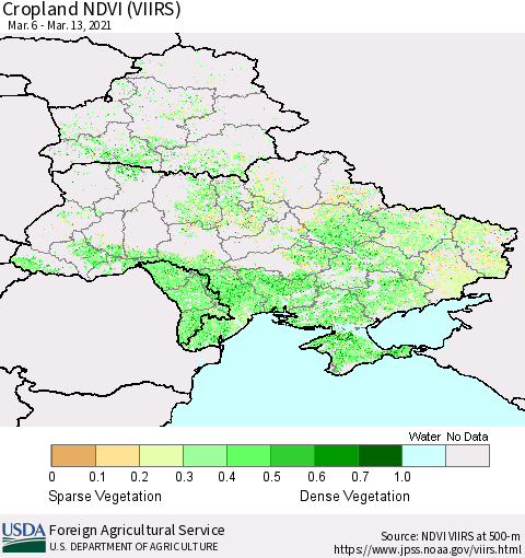 Ukraine, Moldova and Belarus Cropland NDVI (VIIRS) Thematic Map For 3/11/2021 - 3/20/2021