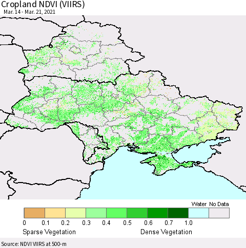Ukraine, Moldova and Belarus Cropland NDVI (VIIRS) Thematic Map For 3/14/2021 - 3/21/2021
