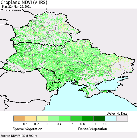 Ukraine, Moldova and Belarus Cropland NDVI (VIIRS) Thematic Map For 3/22/2021 - 3/29/2021