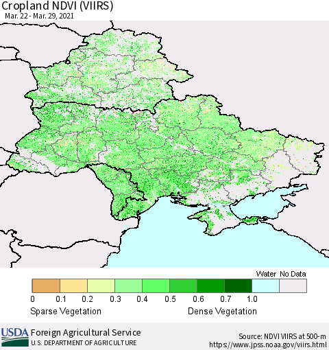 Ukraine, Moldova and Belarus Cropland NDVI (VIIRS) Thematic Map For 3/21/2021 - 3/31/2021
