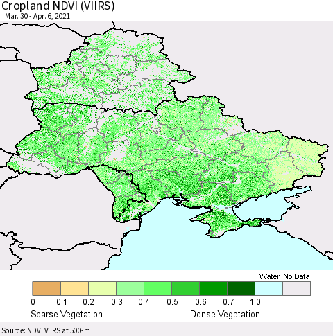 Ukraine, Moldova and Belarus Cropland NDVI (VIIRS) Thematic Map For 3/30/2021 - 4/6/2021