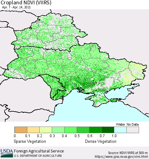 Ukraine, Moldova and Belarus Cropland NDVI (VIIRS) Thematic Map For 4/11/2021 - 4/20/2021