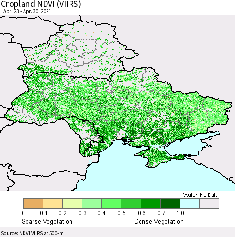 Ukraine, Moldova and Belarus Cropland NDVI (VIIRS) Thematic Map For 4/21/2021 - 4/30/2021