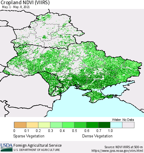 Ukraine, Moldova and Belarus Cropland NDVI (VIIRS) Thematic Map For 5/1/2021 - 5/10/2021