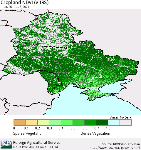 Ukraine, Moldova and Belarus Cropland NDVI (VIIRS) Thematic Map For 7/1/2021 - 7/10/2021