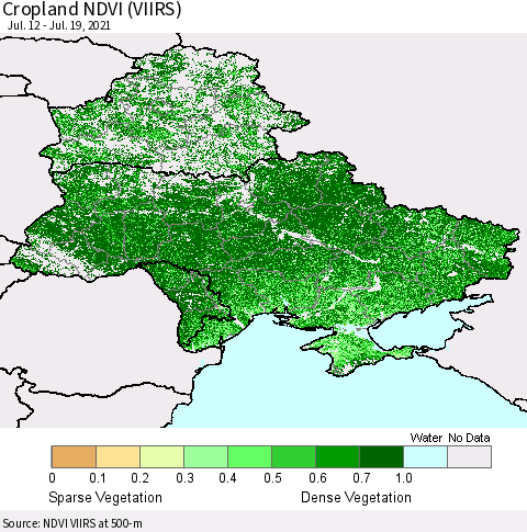 Ukraine, Moldova and Belarus Cropland NDVI (VIIRS) Thematic Map For 7/12/2021 - 7/19/2021