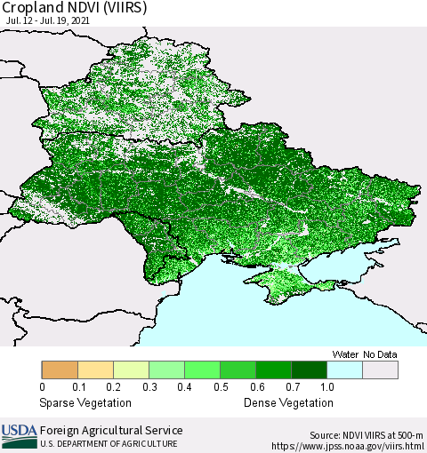 Ukraine, Moldova and Belarus Cropland NDVI (VIIRS) Thematic Map For 7/11/2021 - 7/20/2021