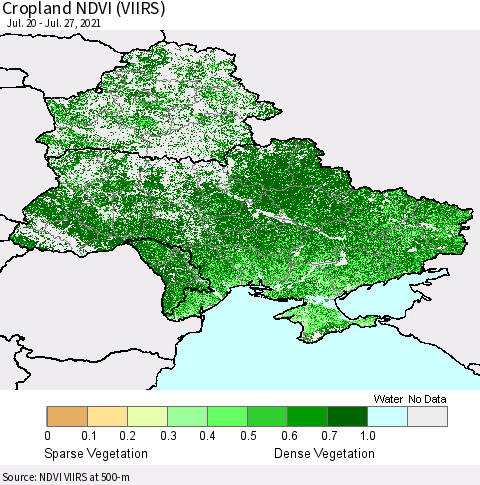 Ukraine, Moldova and Belarus Cropland NDVI (VIIRS) Thematic Map For 7/20/2021 - 7/27/2021