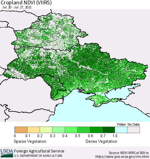 Ukraine, Moldova and Belarus Cropland NDVI (VIIRS) Thematic Map For 7/21/2021 - 7/31/2021