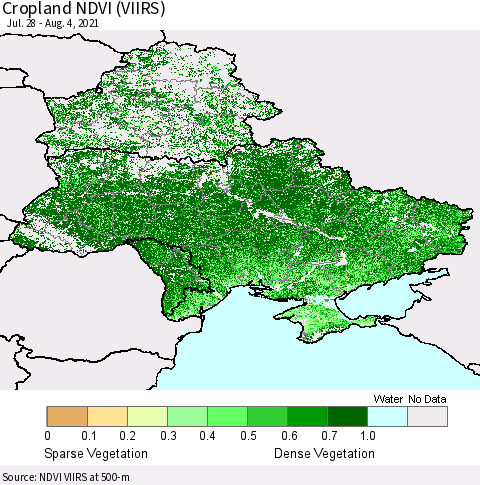 Ukraine, Moldova and Belarus Cropland NDVI (VIIRS) Thematic Map For 7/28/2021 - 8/4/2021